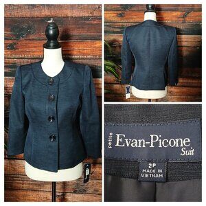 NWT Evan Picone Blazer Jacket 2 Petite Bradford Navy Blue Cropped 3/4 Sleeves